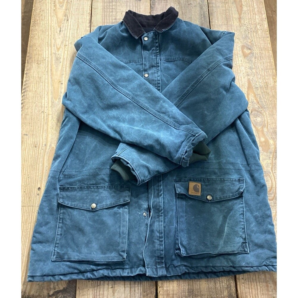 Vtg Carhartt Chore Coat Men XL Teal C08HTG USA Made Workwear Corduroy Collar